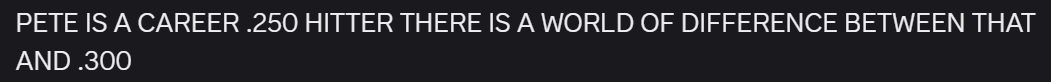 Discord message reading "PETE IS A CAREER .250 HITTER THERE IS A WORLD OF DIFFERENCE BETWEEN THAT AND .300"